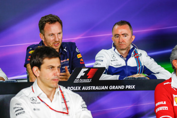 Albert Park, Melbourne, Australia.
Friday 24 March 2017.
Toto Wolff, Executive Director (Business), Mercedes AMG, Christian Horner, Team Principal, Red Bull Racing, and Paddy Lowe, Williams Martini Racing Formula 1, in the Team Principals Press Conference.
World Copyright: Sam Bloxham/LAT Images
ref: Digital Image _J6I1842 Albert Park, Melbourne, Australia.
Friday 24 March 2017.
Toto Wolff, Executive Director (Business), Mercedes AMG, Christian Horner, Team Principal, Red Bull Racing, and Paddy Lowe, Williams Martini Racing Formula 1, in the Team Principals Press Conference.
World Copyright: Sam Bloxham/LAT Images
ref: Digital Image _J6I1842