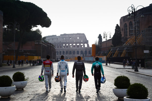 2017/2018 FIA Formula E Championship.
Street Demonstration - Rome, Italy.
Lucas Di Grassi (BRA), Audi Sport ABT Schaeffler, Sebastien Buemi (SUI), Renault e.Dams, Nelson Piquet Jr. (BRA), Panasonic Jaguar Racing and Luca Filippi (ITA), NIO Formula E Team.
Thursday 19 October 2017.
Photo: Malcom Griffiths/LAT/Formula E
ref: Digital Image IMG_8950