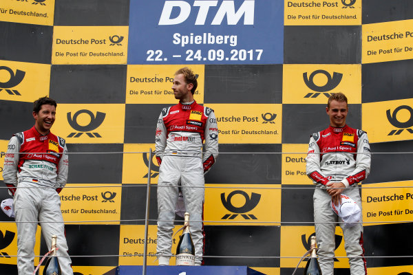 2017 DTM Round 8 
Red Bull Ring, Spielberg, Austria 
Sunday 24 September 2017.
Podium: Race winner René Rast, Audi Sport Team Rosberg, Audi RS 5 DTMm second place Mike Rockenfeller, Audi Sport Team Phoenix, Audi RS 5 DTM, third place Nico M?ller, Audi Sport Team Abt Sportsline, Audi RS 5 DTM 
World Copyright: Alexander Trienitz/LAT Images
ref: Digital Image 2017-DTM-RBR-AT3-2736