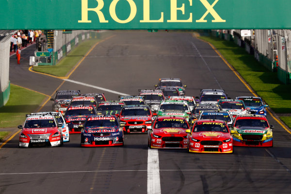 Australian Supercars Series
Albert Park, Melbourne, Australia.
Friday 24 March 2017.
Race 2.
Fabian Coulthard, No.12 Ford Falcon FG-X, Shell V-Power Racing Team, leads Scott McLaughlin, No.17 Ford Falcon FG-X, Shell V-Power Racing Team, Jamie Whincup, No.88 Holden Commodore VF, Red Bull Holden Racing Team, Chaz Mostert, No.55 Ford Falcon FG-X, Supercheap Auto Racing, Michael Caruso, No.23 Nissan Altima, Nissan Motorsport and Team Harvey Norman, and the rest of the field at the start.
World Copyright: Zak Mauger/LAT Images
ref: Digital Image _56I5808