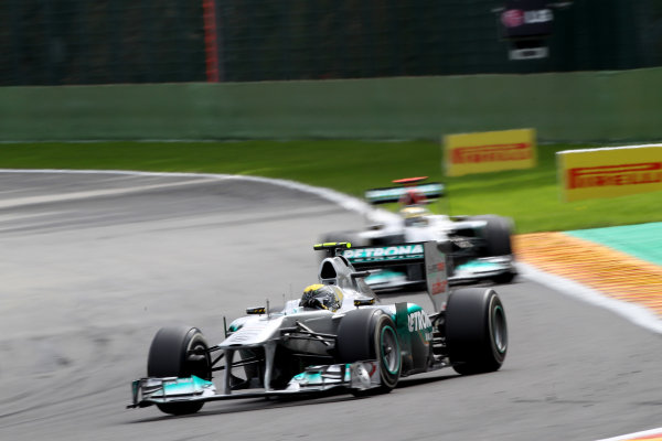 Spa-Francorchamps, Spa, Belgium
28th August 2011.
Nico Rosberg, Mercedes GP W02, 6th position, leads Michael Schumacher, Mercedes GP W02, 5th position. Action. 
World Copyright: Andy Hone/LAT Photographic
ref: Digital Image CI0C2386