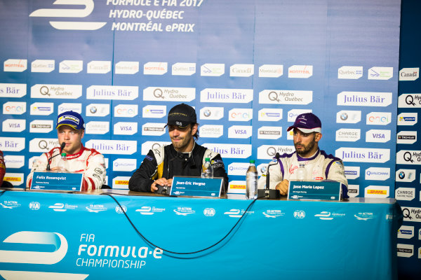2016/2017 FIA Formula E Championship.
Round 12 - Montreal ePrix, Canada
Sunday 30 July 2017.
Felix Rosenqvist (SWE), Mahindra Racing, Spark-Mahindra, Mahindra M3ELECTRO, Jean-Eric Vergne (FRA), Techeetah, Spark-Renault, Renault Z.E 16, and Jose Maria Lopez (ARG), DS Virgin Racing, Spark-Citroen, Virgin DSV-02, in the press conference.
Photo: Sam Bloxham/LAT/Formula E
ref: Digital Image _J6I7203 2016/2017 FIA Formula E Championship.
Round 12 - Montreal ePrix, Canada
Sunday 30 July 2017.
Felix Rosenqvist (SWE), Mahindra Racing, Spark-Mahindra, Mahindra M3ELECTRO, Jean-Eric Vergne (FRA), Techeetah, Spark-Renault, Renault Z.E 16, and Jose Maria Lopez (ARG), DS Virgin Racing, Spark-Citroen, Virgin DSV-02, in the press conference.
Photo: Sam Bloxham/LAT/Formula E
ref: Digital Image _J6I7203