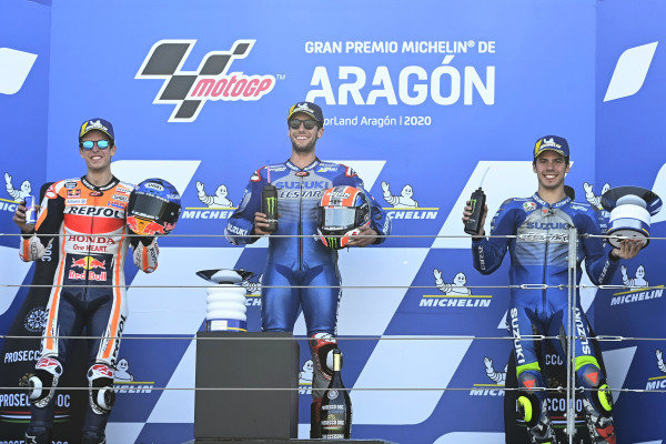 Podium: race winner Alex Rins, Team Suzuki MotoGP, second place Alex Marquez, Repsol Honda Team, third place Joan Mir, Team Suzuki MotoGP.