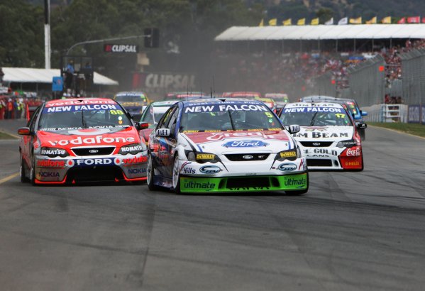 The Ford Performance Racing V8 Supercar of Mark Winterbottom leads the field off the line at the start of the Clipsal 500, Round 01 of the Australian V8 Supercar Championship Series at the Adelaide Street Circuit, Adelaide, South Australia, February 24, 2008.