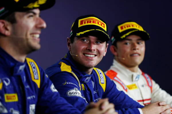 Hungaroring, Budapest, Hungary. 
Saturday 29 July 2017.
The feature race F2 press conference. L-R: Nicholas Latifi (CAN, DAMS) 2nd, race winner Oliver Rowland (GBR, DAMS), and Nyck De Vries (NED, Rapax), 3rd.
World Copyright: Glenn Dunbar/FIA Formula 2 Media Service. 
ref: Digital Image _X4I0038