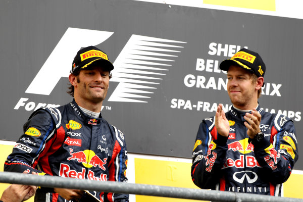 Spa-Francorchamps, Spa, Belgium
28th August 2011.
Sebastian Vettel, Red Bull Racing RB7 Renault, 1st position, and Mark Webber, Red Bull Racing RB7 Renault, 2nd position, on the podium. Portrait. Podium.
World Copyright: Andy Hone/LAT Photographic
ref: Digital Image CI0C2510 Spa-Francorchamps, Spa, Belgium
28th August 2011.
Sebastian Vettel, Red Bull Racing RB7 Renault, 1st position, and Mark Webber, Red Bull Racing RB7 Renault, 2nd position, on the podium. Portrait. Podium.
World Copyright: Andy Hone/LAT Photographic
ref: Digital Image CI0C2510