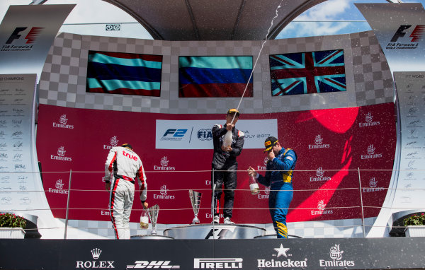 2017 FIA Formula 2 Round 5.
Red Bull Ring, Spielberg, Austria.
Sunday 9 July 2017.
Alexander Albon (THA, ART Grand Prix), Artem Markelov (RUS, RUSSIAN TIME) and Oliver Rowland (GBR, DAMS). 
Photo: Zak Mauger/FIA Formula 2.
ref: Digital Image _54I0421