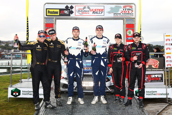 2017 British Rally Championship,
Ulster Rally, Londonderry. 18th - 19th August 2017.
Overall Podium (l-r) Fredrik Ahlin / Torstein Eriksen Skoda Fabia R5, Keith Cronin / Mikie Galvin Ford Fiesta R5, Jonny Greer / Kirsty Riddick Citroen DS3 R5
World Copyright: JEP/LAT Images.