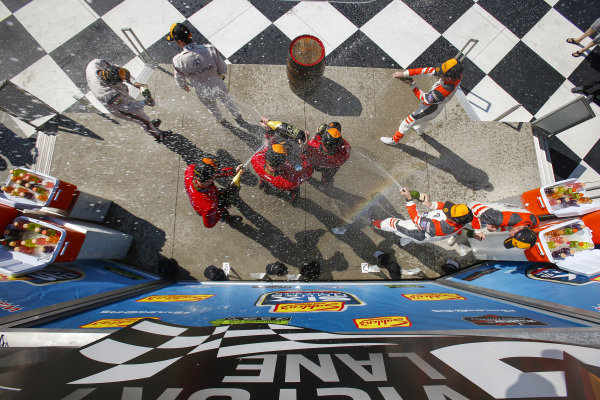 Prototype Podium, #99 JDC/Miller Motorsports ORECA 07, P: Stephen Simpson, Mikhail Goikhberg, Chris Miller, #54 CORE autosport ORECA LMP2, P: Jon Bennett, Colin Braun, Romain Dumas, #6 Acura Team Penske Acura DPi, P: Dane Cameron, Juan Pablo Montoya