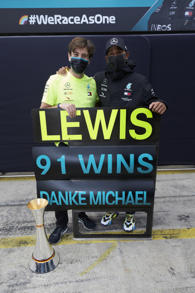 Lewis Hamilton, Mercedes-AMG Petronas F1, 1st position, celebrates with his team after securing his 91st F1 race win, equalling the record of Michael Schumacher Lewis Hamilton, Mercedes-AMG Petronas F1, 1st position, celebrates with his team after securing his 91st F1 race win, equalling the record of Michael Schumacher
