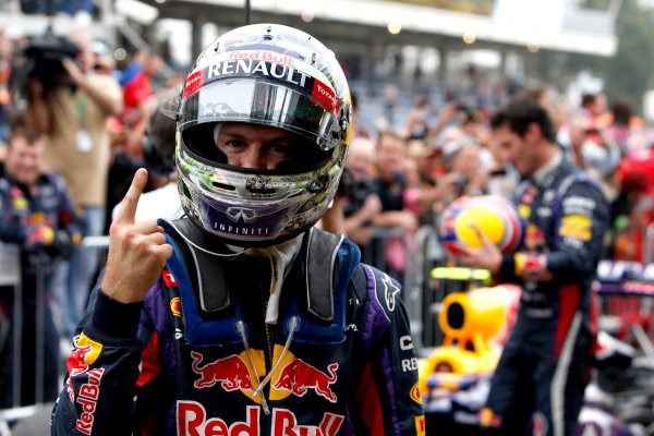 Interlagos, Sao Paulo, Brazil.
Sunday 24th November 2013.
Sebastian Vettel, Red Bull Racing, 1st position, celebrates his 9th consecutive victory in Parc Ferme.
World Copyright: Glenn Dunbar/LAT Photographic.
ref: Digital Image _89P5798 Interlagos, Sao Paulo, Brazil.
Sunday 24th November 2013.
Sebastian Vettel, Red Bull Racing, 1st position, celebrates his 9th consecutive victory in Parc Ferme.
World Copyright: Glenn Dunbar/LAT Photographic.
ref: Digital Image _89P5798
