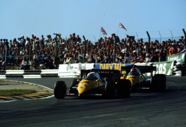 1983 European Grand Prix.Brands Hatch, England.23-25 September 1983.Alain Prost leads Eddie Cheever (both Renault RE40). Prost finished in 2nd position. 
Ref: 83EUR02. World Copyright - LAT Photographic