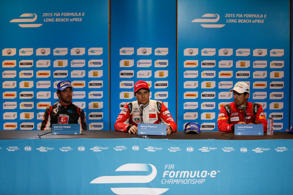 2014/2015 FIA Formula E Championship.
Long Beach ePrix, Long Beach, California, United States of America.
Sunday 5 April 2015
Press Conference. Nelson Piquet Jr (BRA)/China Racing - Spark-Renault SRT_01E, first, Jean-Eric Vergne (FRA)/Andretti Motorsport - Spark-Renault SRT_01E, second and Lucas di Grassi (BRA)/Audi Abt Sport - Spark-Renault SRT_01E, third.
Photo: Zak Mauger/LAT/Formula E
ref: Digital Image _L0U8832
2014/2015 FIA Formula E Championship.
Long Beach ePrix, Long Beach, California, United States of America.
Sunday 5 April 2015
Press Conference. Nelson Piquet Jr (BRA)/China Racing - Spark-Renault SRT_01E, first, Jean-Eric Vergne (FRA)/Andretti Motorsport - Spark-Renault SRT_01E, second and Lucas di Grassi (BRA)/Audi Abt Sport - Spark-Renault SRT_01E, third.
Photo: Zak Mauger/LAT/Formula E
ref: Digital Image _L0U8832