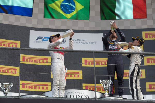 2017 FIA Formula 2 Round 8.
Spa-Francorchamps, Spa, Belgium.
Sunday 27 August 2017.
Sergio Sette Camara (BRA, MP Motorsport) celebrates his victory on the podium with Nyck De Vries (NED, Racing Engineering) and Luca Ghiotto (ITA, RUSSIAN TIME). 
Photo: Alastair Staley/FIA Formula 2.
ref: Digital Image _L5R6097