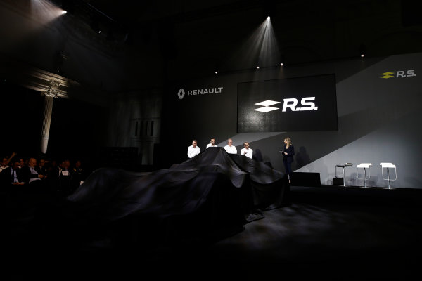 Renault  RS17  Formula 1 Launch.
The Lindley Hall, London, UK.
Tuesday 21 February 2017.
The management team of, left-to-right, Bob Bell, Renault Sport Formula 1 Chief Technical Officer; Cyril Abiteboul, Renault Sport Racing Managing Director, Jerome Stoll, President of Renault Sport Racing,and Thierry Koskas, EVP Sales and Marketing of Renault, listen to Alain Prost deliver a speech. Louise Ekland presents.
World Copyright: Glenn Dunbar/LAT Images
Ref: _31I9117