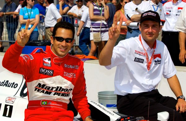 Week one of practice for the 87th Indianapolis 500, Indianapolis Motor Speedway, Speedway, Indiana, USA 25 May,2003 Helio Castroneves and Team Penske manager Tim Cindric hold up two fingers for their back-to-back wins in the 500.
World Copyright-F
Peirce Williams 2003 LAT Photographic
ref: Digital Image Only