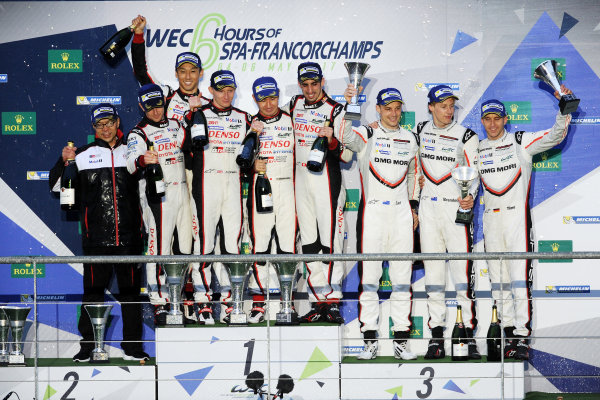 2017 FIA World Endurance Championship.
Spa-Francorchamps, Belgium, 4th-6th May 2017.
P1 Podium - #8 Toyota Gazoo Racing Toyota TS050 Hybrid: Anthony Davidson, S?bastien Buemi, Kazuki Nakajima win, #7 Toyota Gazoo Racing Toyota TS050 Hybrid: Mike Conway, Kamui Kobayashi - 2nd and #1 Porsche Team Porsche 919 Hybrid: Neel Jani, Andre Lotterer, Nick Tandy - 3rd
World Copyright: JEP/LAT Images 2017 FIA World Endurance Championship.
Spa-Francorchamps, Belgium, 4th-6th May 2017.
P1 Podium - #8 Toyota Gazoo Racing Toyota TS050 Hybrid: Anthony Davidson, S?bastien Buemi, Kazuki Nakajima win, #7 Toyota Gazoo Racing Toyota TS050 Hybrid: Mike Conway, Kamui Kobayashi - 2nd and #1 Porsche Team Porsche 919 Hybrid: Neel Jani, Andre Lotterer, Nick Tandy - 3rd
World Copyright: JEP/LAT Images