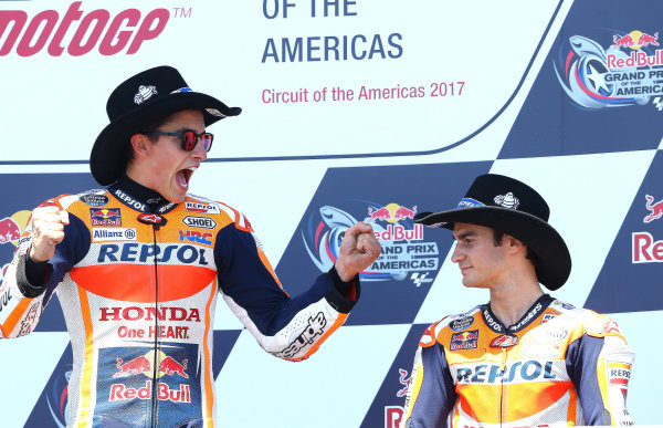 2017 MotoGP Championship - Round 3
Circuit of the Americas, Austin, Texas, USA
Sunday 23 April 2017
Podium: race winner Marc Marquez, Repsol Honda Team, third place Dani Pedrosa, Repsol Honda Team
World Copyright: Gold and Goose Photography/LAT Images
ref: Digital Image MotoGP-Post-500-3039