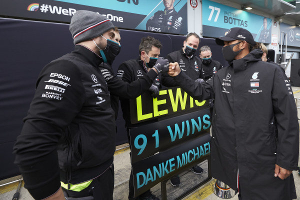 Lewis Hamilton, Mercedes-AMG Petronas F1, 1st position, celebrates with his team after securing his 91st F1 race win, equalling the record of Michael Schumacher Lewis Hamilton, Mercedes-AMG Petronas F1, 1st position, celebrates with his team after securing his 91st F1 race win, equalling the record of Michael Schumacher