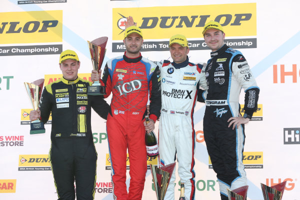 2017 British Touring Car Championship,
Thruxton, 6th-7th May 2017,
Podium, Senna Proctor (GBR) Power Maxed Racing Vauxhall Astra, Jack Goff (GBR) Eurotech Racing Honda Civic Type R, Colin Turkington (GBR) Team BMW BMW 125i M Sport and Tom Ingram (GBR) Speedworks Motorsport Toyota Avensis
World copyright. JEP/LAT Images 2017 British Touring Car Championship,
Thruxton, 6th-7th May 2017,
Podium, Senna Proctor (GBR) Power Maxed Racing Vauxhall Astra, Jack Goff (GBR) Eurotech Racing Honda Civic Type R, Colin Turkington (GBR) Team BMW BMW 125i M Sport and Tom Ingram (GBR) Speedworks Motorsport Toyota Avensis
World copyright. JEP/LAT Images