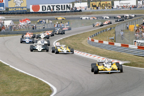 Zandvoort, Holland. 28-30 August 1981. 
Alain Prost leads Rene Arnoux (both Renault RE30), Alan Jones (Williams FW07C-Ford Cosworth), Nelson Piquet (Brabham BT49C-Ford Cosworth), Jacques Laffite (Ligier JS17-Matra), Carlos Reutemann (Williams FW07C-Ford Cosworth), Mario Andretti (Alfa Romeo 179C), John Watson (McLaren MP4/1-Ford Cosworth), Elio de Angelis (Lotus 87-Ford Cosworth), Patrick Tambay (Ligier JS17-Matra), Didier Pironi (Ferrari 126CK), Riccardo Patrese (Arrows A3-Ford Cosworth), Bruno Giacomelli (Alfa Romeo 179C), Hector Rebaque (Brabham BT49C-Ford Cosworth), Derek Daly (March 811-Ford Cosworth) and Nigel Mansell (Lotus 87-Ford Cosworth). 
Ref: 81HOL17. World Copyright: LAT Photographic