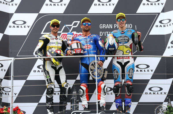 2017 Moto2 Championship - Round 6
Mugello, Italy
Sunday 4 June 2017
Podium: second place Thomas Luthi, CarXpert Interwetten, Race winner Mattia Pasini, Italtrans Racing Team, third place Alex Marquez, Marc VDS
World Copyright: Gold & Goose Photography/LAT Images
ref: Digital Image 674777