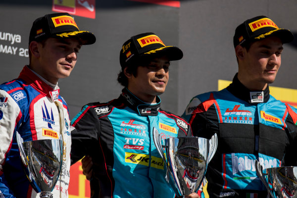 2017 GP3 Series Round 1. 
Circuit de Catalunya, Barcelona, Spain.
Sunday 14 May 2017.
Dorian Boccolacci (FRA, Trident), Arjun Maini (IND, Jenzer Motorsport), Alessio Lorandi (ITA, Jenzer Motorsport) 
Photo: Zak Mauger/GP3 Series Media Service.
ref: Digital Image _54I9514