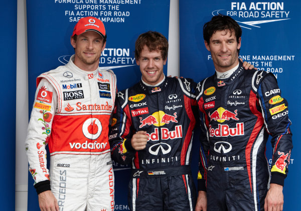 Interlagos, Sao Paulo, Brazil.
26th November 2011.
Top three qualifiers Sebastian Vettel, Red Bull Racing RB7 Renault, Mark Webber, Red Bull Racing RB7 Renault, and Jenson Button, McLaren MP4-26 Mercedes. Portrait.
World Copyright: Steve Etherington/LAT Photographic
ref: Digital Image SNE27557 Interlagos, Sao Paulo, Brazil.
26th November 2011.
Top three qualifiers Sebastian Vettel, Red Bull Racing RB7 Renault, Mark Webber, Red Bull Racing RB7 Renault, and Jenson Button, McLaren MP4-26 Mercedes. Portrait.
World Copyright: Steve Etherington/LAT Photographic
ref: Digital Image SNE27557