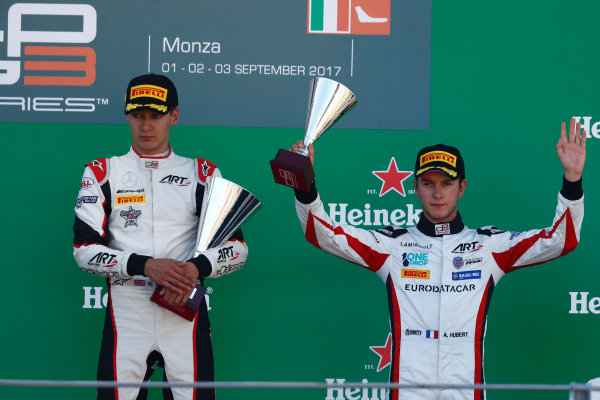 2017 GP3 Series Round 6. 
Autodromo Nazionale di Monza, Monza, Italy.
Sunday 3 September 2017.
Jack Aitken (GBR, ART Grand Prix), George Russell (GBR, ART Grand Prix), Anthoine Hubert (FRA, ART Grand Prix). 
Photo: Sam Bloxham/GP3 Series Media Service.
ref: Digital Image _W6I4489