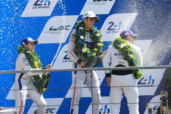 2017 Le Mans 24 Hours
Circuit de la Sarthe, Le Mans, France.
Sunday 18 June 2017
GTE Pro podium: second place Andy Priaulx, Harry Tincknell, Pipo Derani, Ford Chip Ganassi Racing
World Copyright: Nikolaz Godet/LAT Images
ref: Digital Image 24LM-re-17209