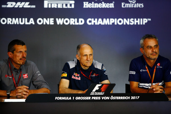 Red Bull Ring, Spielberg, Austria.
Friday 07 July 2017.
The Friday press conference. L-R: Guenther Steiner, Team Principal, Haas F1, Franz Tost, Team Principal, Toro Rosso, and Beat Zehndner of Sauber.
World Copyright: Andy Hone/LAT Images
ref: Digital Image _ONY0081 Red Bull Ring, Spielberg, Austria.
Friday 07 July 2017.
The Friday press conference. L-R: Guenther Steiner, Team Principal, Haas F1, Franz Tost, Team Principal, Toro Rosso, and Beat Zehndner of Sauber.
World Copyright: Andy Hone/LAT Images
ref: Digital Image _ONY0081