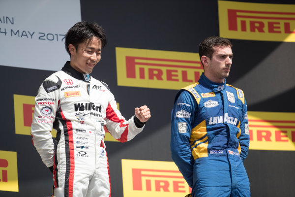 2017 FIA Formula 2 Round 2.
Circuit de Catalunya, Barcelona, Spain.
Sunday 14 May 2017.
Race winner Nobuharu Matsushita (JPN, ART Grand Prix) celebrates victory next to third placed Nicholas Latifi (CAN, DAMS) 
Photo: Jed Leicester/FIA Formula 2.
ref: Digital Image JL2_1628