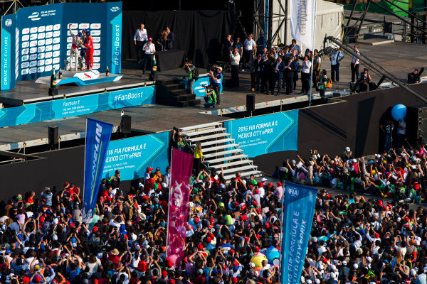 2015/2016 FIA Formula E Championship.
Mexico City ePrix, Autodromo Hermanos Rodriguez, Mexico City, Mexico.
Saturday 12 March 2016.
Lucas Di Grassi (BRA), ABT Audi Sport FE01, Jerome D'Ambrosio (FRA) Dragon Racing - Venturi VM200-FE-01 and Sebastien Buemi (SUI), Renault e.Dams Z.E.15.
Photo: Zak Mauger/LAT/Formula E
ref: Digital Image _79P4122