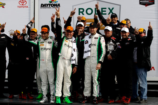 2017 Rolex 24 Hours.
Daytona, Florida, USA
Sunday 29 January 2017.
Race winner GTD: #28 Alegra Motorsports Porsche 911 GT3 R: Daniel Morad, Jesse Lazare, Carlos de Quesada, Michael de Quesada, Michael Christensen with the team
World Copyright: Alexander Trienitz/LAT Images
ref: Digital Image 2017-24h-Daytona-AT2-3659