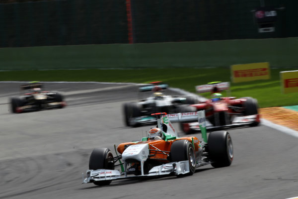 Spa-Francorchamps, Spa, Belgium
28th August 2011.
Adrian Sutil, Force India VJM04 Mercedes, 7th position, leads Felipe Massa, Ferrari 150&deg; Italia, 8th position, and Michael Schumacher, Mercedes GP W02, 5th position. Action. 
World Copyright: Andy Hone/LAT Photographic
ref: Digital Image CI0C2332