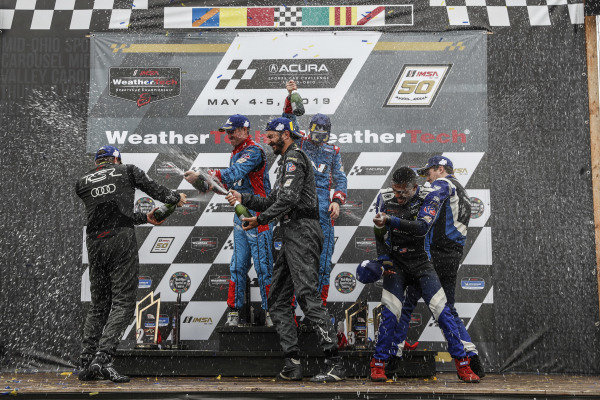 #61 Roadshagger Racing by eEuroparts.com Audi RS3 LMS TCR, TCR: Gavin Ernstone, Jon Morley, #98 Byan Herta Autosport W Curb-Agajanian Hyundai Veloster N TCR, TCR: Mark Wilkins, Michael Lewis, #12 eEuroparts.com ROWE Racing Audi RS3 LMS TCR, TCR: Russell McDonough, Ryan Nash, podium, champagne #61 Roadshagger Racing by eEuroparts.com Audi RS3 LMS TCR, TCR: Gavin Ernstone, Jon Morley, #98 Byan Herta Autosport W Curb-Agajanian Hyundai Veloster N TCR, TCR: Mark Wilkins, Michael Lewis, #12 eEuroparts.com ROWE Racing Audi RS3 LMS TCR, TCR: Russell McDonough, Ryan Nash, podium, champagne