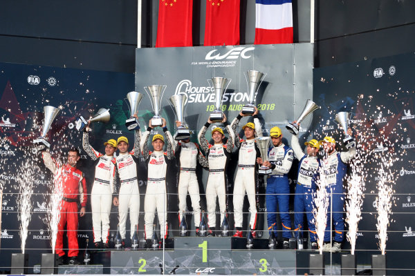 P2 Podium, #37 Jackie Chan DC Racing Oreca 07 Gibson: Jazeman Jaafar, Weiron Tan, Nabil Jeffri, #38 Jackie Chan DC Racing Oreca 07 Gibson: Ho-Ping Tung, Gabriel Aubry, Stephane Richelmi and #36 Signatech Alpine Matmut Alpine A470: Nicolas Lapierre, Andre Negrao, Pierre Thiriet