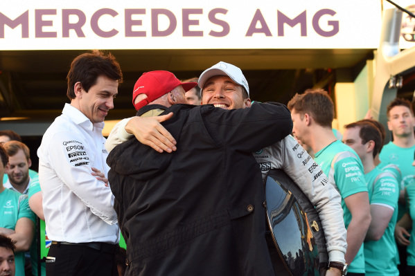 Toto Wolff (AUT) Mercedes AMG F1 Director of Motorsport and Niki Lauda (AUT) Mercedes AMG F1 Non-Executive Chairman celebrate with Nico Rosberg (GER) Mercedes AMG F1 during team celebrations at Formula One World Championship, Rd1, Australian Grand Prix, Race, Albert Park, Melbourne, Australia, Sunday 20 March 2016. Toto Wolff (AUT) Mercedes AMG F1 Director of Motorsport and Niki Lauda (AUT) Mercedes AMG F1 Non-Executive Chairman celebrate with Nico Rosberg (GER) Mercedes AMG F1 during team celebrations at Formula One World Championship, Rd1, Australian Grand Prix, Race, Albert Park, Melbourne, Australia, Sunday 20 March 2016.