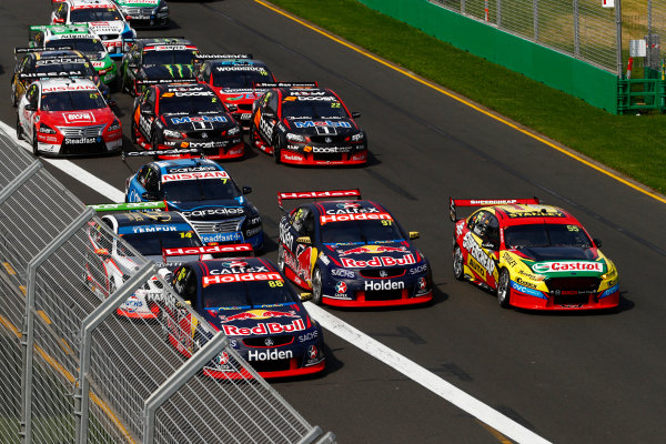 Australian Supercars Series
Albert Park, Melbourne, Australia.
Sunday 26 March 2017.
Race 4.
Jamie Whincup, No.88 Holden Commodore VF, Red Bull Holden Racing Team, leads Chaz Mostert, No.55 Ford Falcon FG-X, Supercheap Auto Racing, and Shane van Gisbergen, No.97 Holden Commodore VF, Red Bull Holden Racing Team. 
World Copyright: Zak Mauger/LAT Images
ref: Digital Image _56I0171