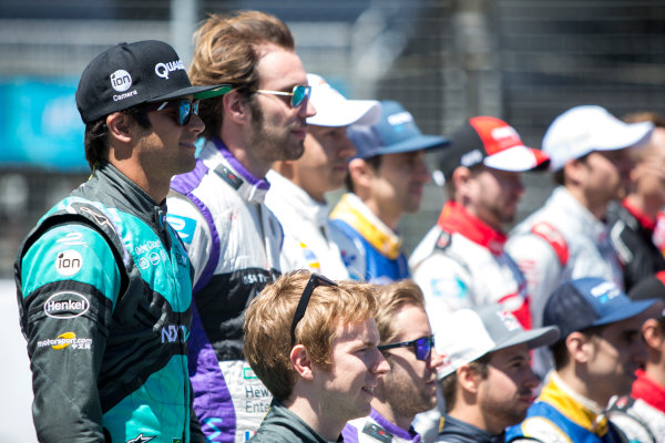 2015/2016 FIA Formula E Championship.
Mexico City ePrix, Autodromo Hermanos Rodriguez, Mexico City, Mexico.
Friday 11 March 2016.
The drivers pose for a group photo.
Photo: Zak Mauger/LAT/Formula E
ref: Digital Image _79P2650