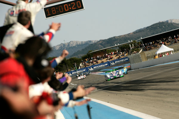 Circuit Paul Ricard, France. 1st - 3rd April 2011.
Six Hours Of Castellet.
The team celebrate as Emmanuel Collard / Christophe Tinseau / Julien Jousse, Pescarolo Team, Pescarolo - Judd takes the victory. 
Action.     
World Copyright: Drew Gibson/LAT Photographic.
ref: Digital Image _Y2Z2125