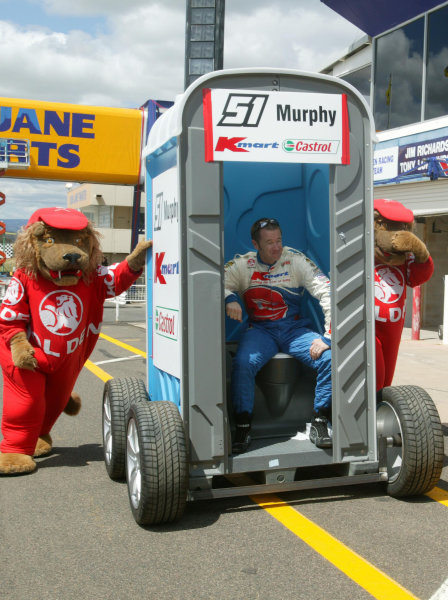 2003 Australian V8 Supercars
Bathurst 1000kms, Bathurst, Australia. 12th October 2003.
Holden V8 Supercar driver Greg Murphy looks back on last year when he got out of the car and went to the toilet during a 5min penelty in Bob Jane T-Marts 1000 . Murphy dominated the weekend breaking the lap record in qualifying and the Shootout, Kelly is the youngest driver to win at Bathurst, Australia.
World Copyright: Mark Horsburgh/ LAT Photographic