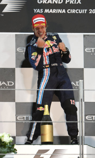 Yas Marina Circuit, Abu Dhabi, United Arab Emirates
1st November 2009.
Sebastian Vettel, Red Bull Racing RB5 Renault, 1st position, celebrates victory on the podium. Portrait. Podium.
World Copyright: Steve Etherington/LAT Photographic
ref: Digital Image SNE17931 Yas Marina Circuit, Abu Dhabi, United Arab Emirates
1st November 2009.
Sebastian Vettel, Red Bull Racing RB5 Renault, 1st position, celebrates victory on the podium. Portrait. Podium.
World Copyright: Steve Etherington/LAT Photographic
ref: Digital Image SNE17931