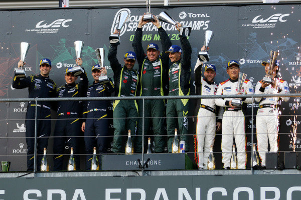 LMGTE Am Podium (l-r) #90 TF Sport Aston Martin Vantage: Salih Yoluc, Euan Alers-Hankey, Charles Eastwood, #98 Aston Martin Racing Aston Martin Vantage: Paul Dalla Lana, Pedro Lamy, Mathias Lauda, #61 Clearwater Racing Ferrari 488 GTE: Weng Sun Mok, Keita Sawa, Matthew Griffin