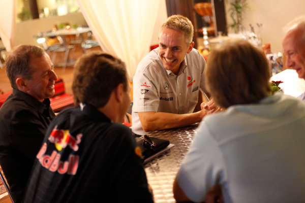 Yas Marina Circuit, Abu Dhabi, United Arab Emirates
31st October 2009.
Tony Dodgins, Autosport Journalist with Mark Hughes, Autosport Journalist, Chritian Horner, Team Principal, Red Bull Racing, Martin Brundle, TV Commentator, BBC and Martin Whitmarsh, Team Principal, McLaren in conversation around a table, portrait.
World Copyright: Glenn Dunbar/LAT Photographic
ref: Digital Image GD5D8867 Yas Marina Circuit, Abu Dhabi, United Arab Emirates
31st October 2009.
Tony Dodgins, Autosport Journalist with Mark Hughes, Autosport Journalist, Chritian Horner, Team Principal, Red Bull Racing, Martin Brundle, TV Commentator, BBC and Martin Whitmarsh, Team Principal, McLaren in conversation around a table, portrait.
World Copyright: Glenn Dunbar/LAT Photographic
ref: Digital Image GD5D8867