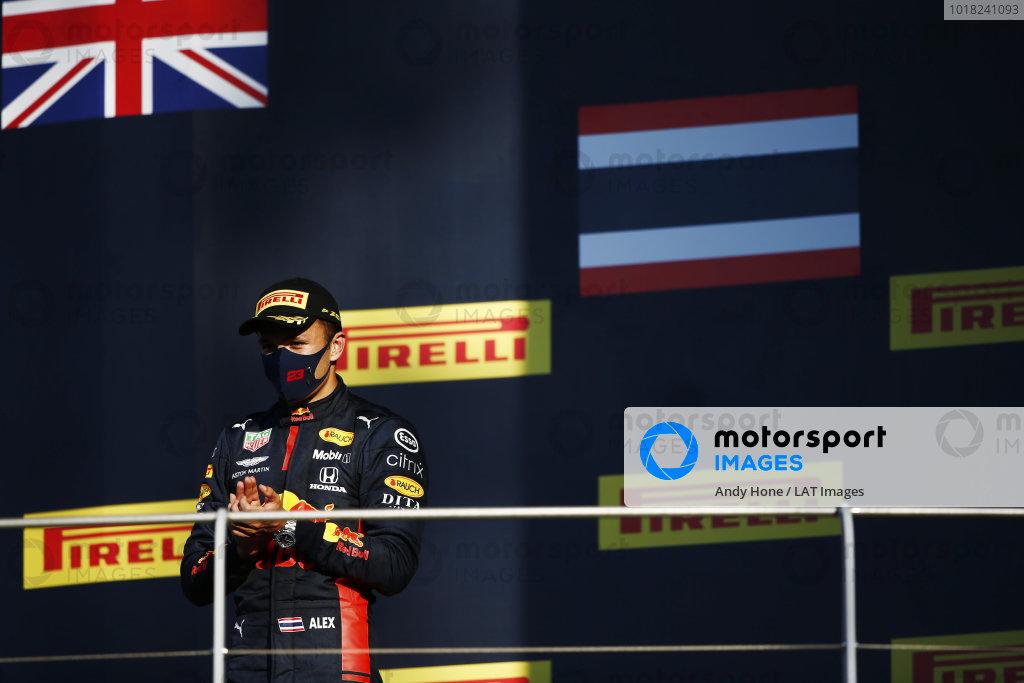 Alexander Albon, Red Bull Racing, celebrates on the podium Alexander Albon, Red Bull Racing, celebrates on the podium