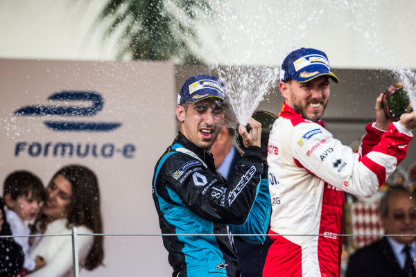 2016/2017 FIA Formula E Championship.
Monte-Carlo, Monaco
Saturday 13 May 2017.
Sebastien Buemi (SUI), Renault e.Dams, Spark-Renault, Renault Z.E 16, celebrates on the podium with Nick Heidfeld (GER), Mahindra Racing, Spark-Mahindra, Mahindra M3ELECTRO.
Photo: Andrew Ferraro/LAT/Formula E
ref: Digital Image _FER8842