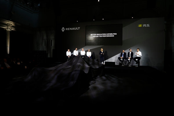 Renault  RS17  Formula 1 Launch.
The Lindley Hall, London, UK.
Tuesday 21 February 2017.
Renault Sport senior management and partners. On the four seats to the left, Renault Sport management, left-to-right: Bob Bell, Renault Sport Formula 1 Chief Technical Officer; Cyril Abiteboul, Renault Sport Racing Managing Director, Jerome Stoll, President of Renault Sport Racing,and Thierry Koskas, EVP Sales and Marketing of Renault.
On the three seats to right, left-to-right: Mandhir Singh, BP Lubricants Chief Operating Officer, Tommaso Volpe, Infiniti Global Director Motorsport and Pepijn Richter, Director Worldwide Product Marketing at Microsoft Dynamics.
Louise Ekland anchors the event.
World Copyright: Glenn Dunbar/LAT Images
Ref: _X4I9326