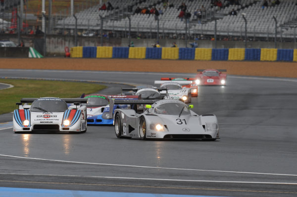 Circuit de La Sarthe, Le Mans, France. 13th - 17th June 2012. 
Group C.
Bob Berridge, No.31 Mercedes C11, leads Roger Wills, No.5 Lancia LC2, Kent Abrahamson, No.28 Nissan R90CK, and the rest of the field.
Photo: Jeff Bloxham/LAT Photographic.  
ref: Digital Image DSC_2475