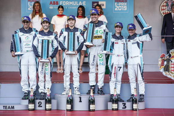 PRO podium winners (Cacá Bueno (BRA), Jaguar Brazil Racing celebrates on the podium with Sérgio Jimenez (BRA), Jaguar Brazil Racing, 2nd position and Bryan Sellers (USA), Rahal Letterman Lanigan Racing, 3rd position) stand with the PRO AM podium winners (Yaqi Zhang (CHI), Team China, Bandar Alesayi (SAU), Saudi Racing, 2nd position, and Célia Martin (FRA), Viessman Jaguar eTROPHY Team Germany, 3rd position) PRO podium winners (Cacá Bueno (BRA), Jaguar Brazil Racing celebrates on the podium with Sérgio Jimenez (BRA), Jaguar Brazil Racing, 2nd position and Bryan Sellers (USA), Rahal Letterman Lanigan Racing, 3rd position) stand with the PRO AM podium winners (Yaqi Zhang (CHI), Team China, Bandar Alesayi (SAU), Saudi Racing, 2nd position, and Célia Martin (FRA), Viessman Jaguar eTROPHY Team Germany, 3rd position)